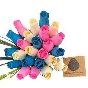 2 Dozen Gender Reveal Wooden Rose Flower Bouquet. The Original Wooden Rose